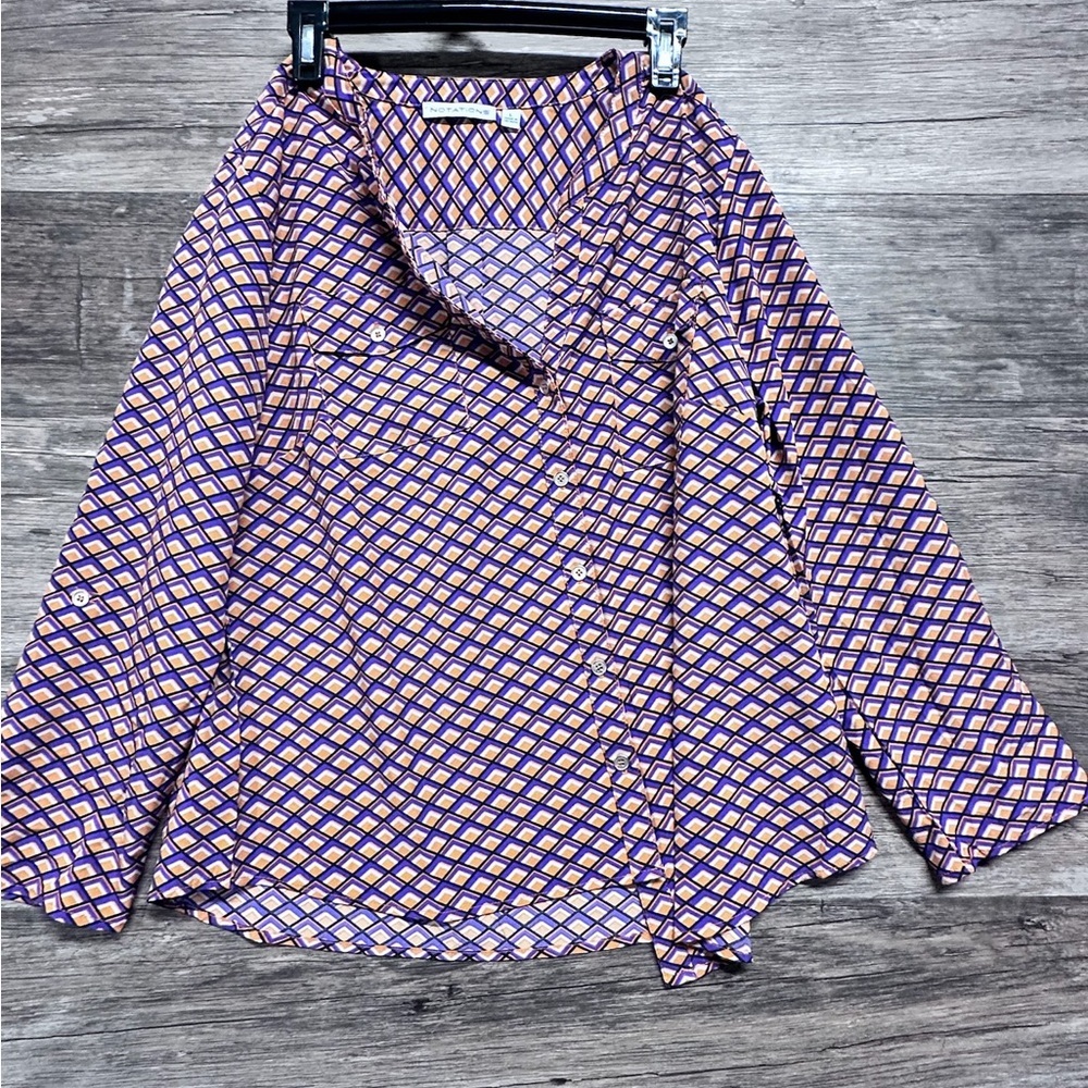 Geometric Patterned Women's Button Down Blouse Top - Purple and Orange